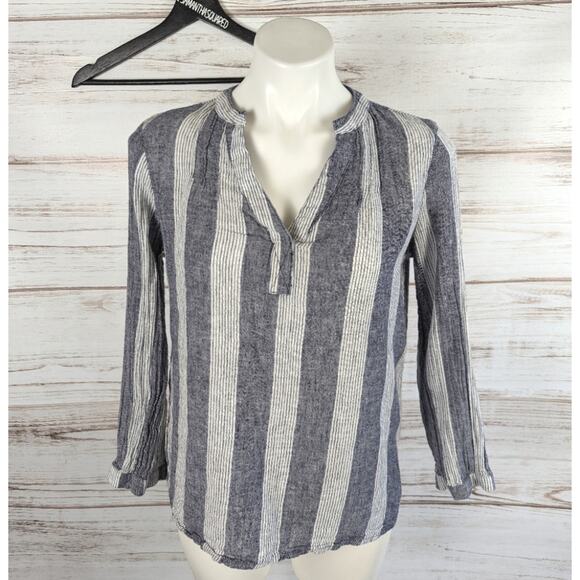 Old Navy Stripe Linen Blue and White Split Collar Top Sz Small - Picture 1 of 4